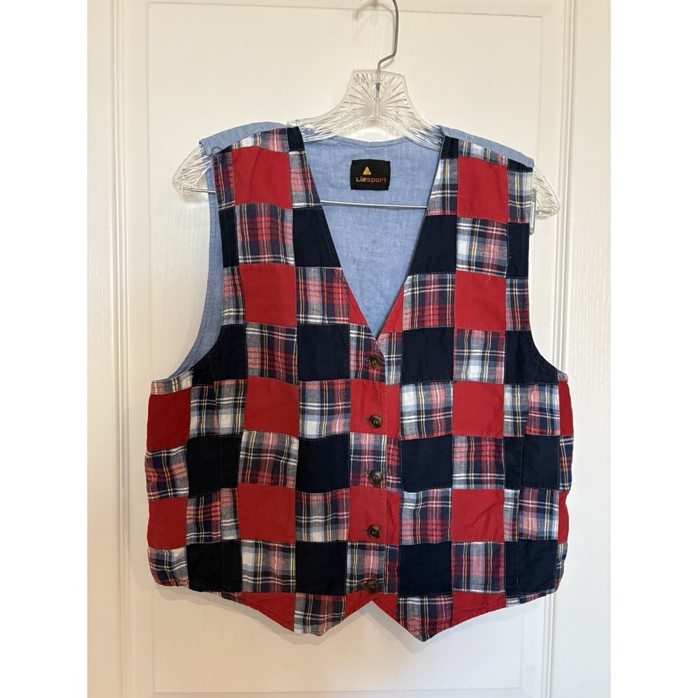 vintage y2k  1990 Liz Sport plaid madre reversible denium vest sz large ex large
